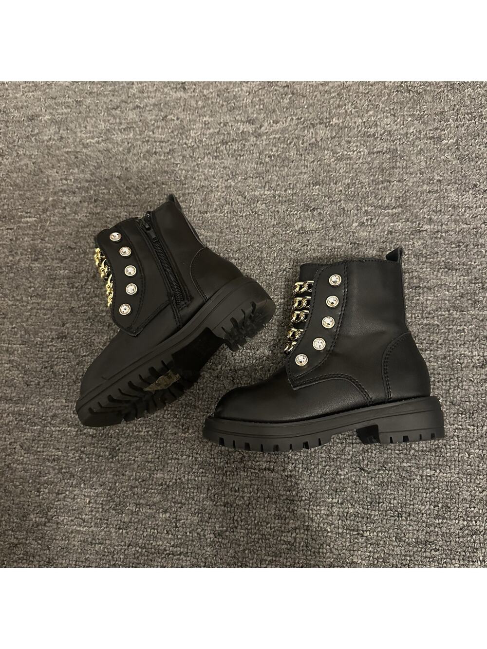 Kurt Geiger London Mini Bax Black Leather Chain Combat Boots Gold Crystal 24/8M